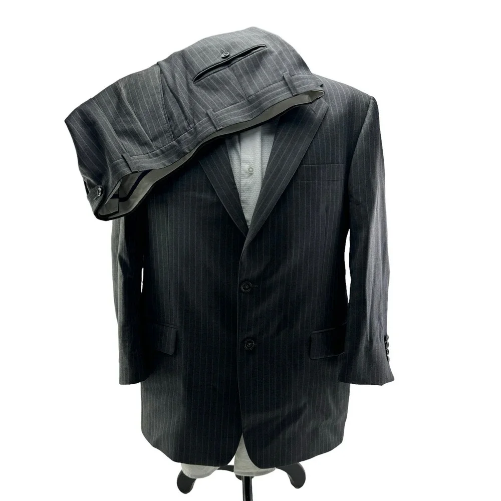Hickey Freeman Gray w/ Blue‎ & Orange Stripe Full Suit Mens Size 42S 38X26 +2